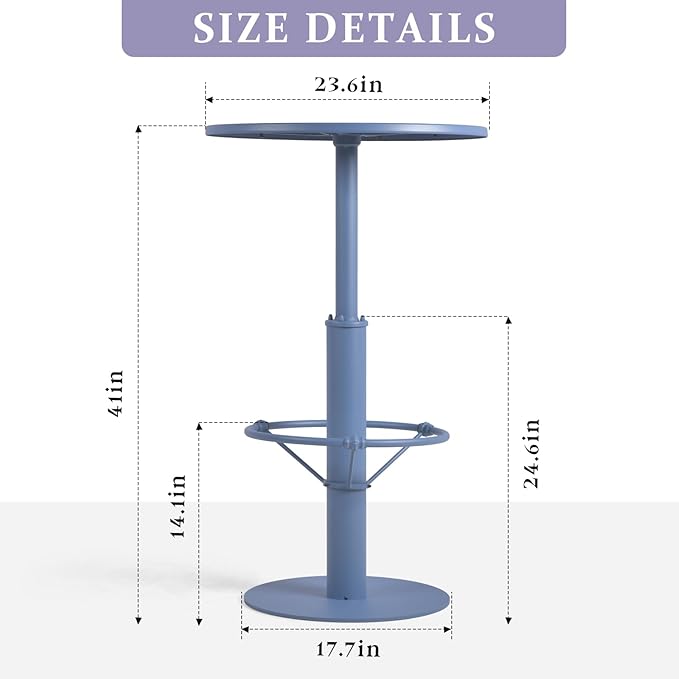 42" Tall Modern Industrial Bar Table-23.6" Dia Round Metal Top Bar Height Adjustable Standing Pub Table-Dining Room Bistro Table-Cocktail Table (Pigeon Blue)