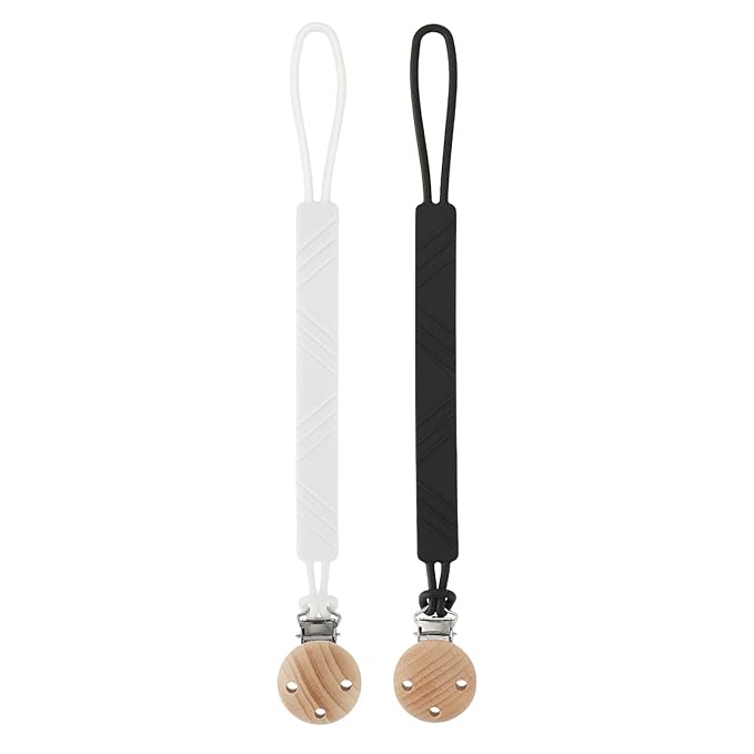 Silicone Pacifier Clip Holder for Baby Boy and Girl, Fits for Most Pacifier Teethers & Small Toys in Place, BPA Free (White+Black)
