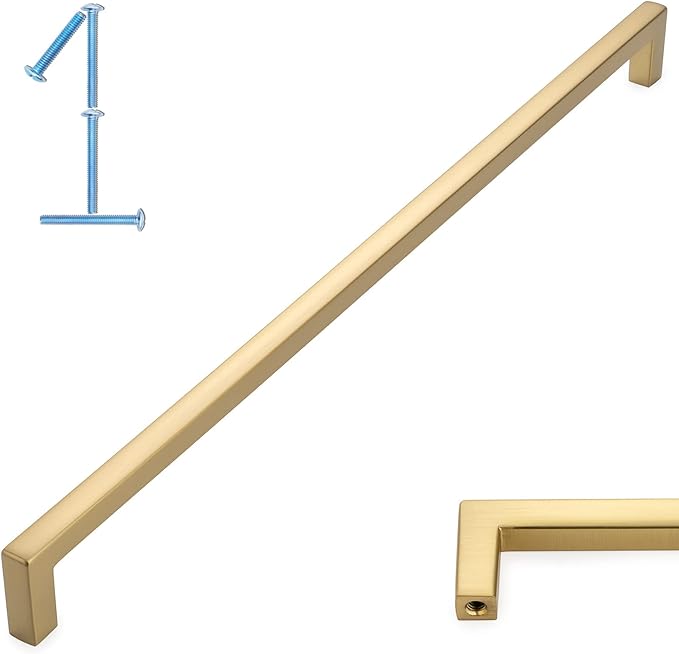 KOOFIZO Solid Square Bar Cabinet Handle - Brushed Gold Furniture Pull, 12.6 Inch/320mm Screwhole Distance, 1-Piece for Kitchen Cupboard Door, Bedroom Dresser Drawer, Bathroom Wardrobe Hardware