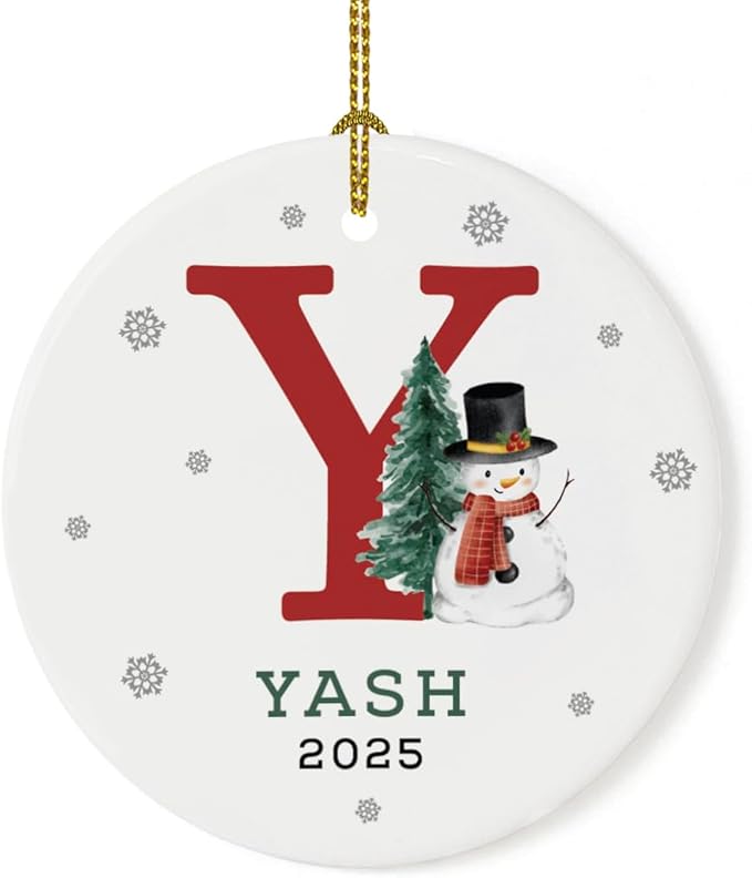 Andaz Press Personalized Ornament, Custom Name, Initial Y Monogram Snowman 2.8" Ceramic Porcelain 2025 Christmas Ornament Keepsake for Kids, Boys, Girls, Includes Gold Ribbon & Gift Box, 1-Pack