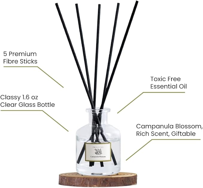 PRISTINE Campanula Blossom/Inspired by Hotel Duke Reed Diffuser for Home | Fresh Blend of Bluebell, Hyacinth, Cloves Reed Diffuser Set, Oil & Reed Diffuser Stick | Home & Office Decor | Fragrance Gift