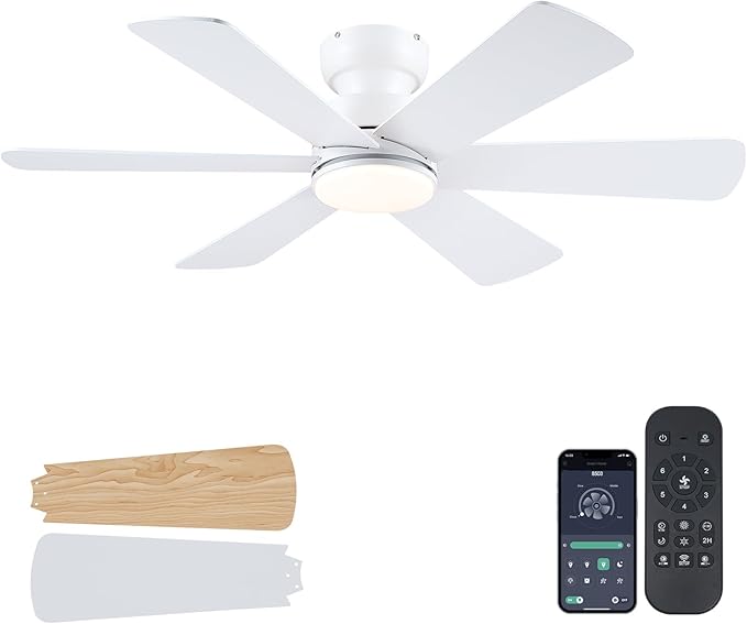 BayDay 46 inch Ceiling Fans with Lights, Ceiling Fan with Remote APP, Dual-Sided Modern/Rustic 6 Blades, Reversible, 3CCT, Flush Mount Low Profile Ceiling Fan with Lights Bedroom Kitchen Indoor White