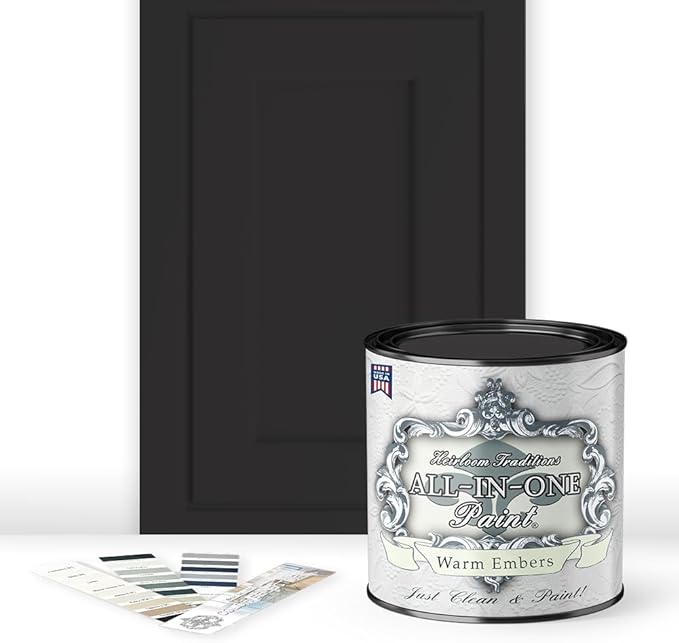 ALL-IN-ONE Paint, Durable cabinet and furniture paint. Built in primer and top coat, no sanding needed. Includes our 30 featured color card - Warm Embers (warm black), Quart
