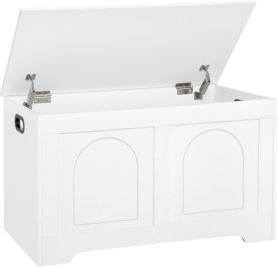 DINZI LVJ Storage Chest, 31.5”Wooden Toy Box with 2 Safety Hinges, Entryway Storage Bench with Flip-Top, Sturdy Storage Trunk for Living Room, Bedroom, Easy Assembly, White