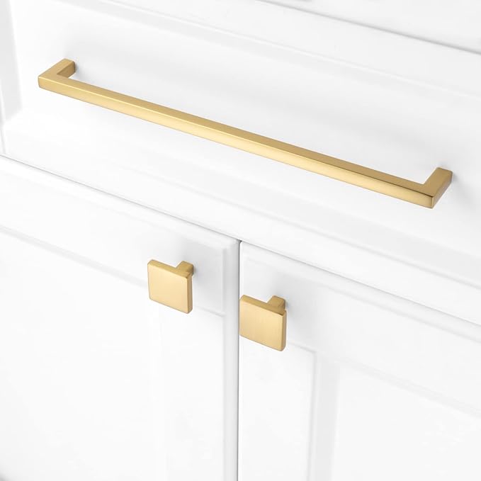 KOOFIZO Solid Square Bar Cabinet Handle - Brushed Gold Furniture Pull, 10 Inch/256mm Screwhole Distance, 1-Piece for Kitchen Cupboard Door, Bedroom Dresser Drawer, Bathroom Wardrobe Hardware
