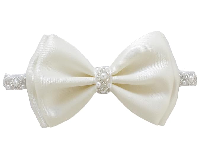 0-12 Newborn Baby Baptism Pearl Headband or Clip with Bow in WHITE Christening Headband with Satin Bow, Pearl Rhinestone Band (Cream(6-12Months), 1 Count (Pack of 1))