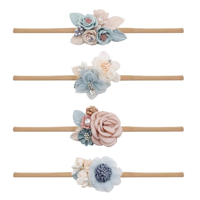 cherrboll 4pcs Baby Girl Headbands Flowers, Super Soft & Stretchy Nylon Floral Hairbands for Newborn Toddler