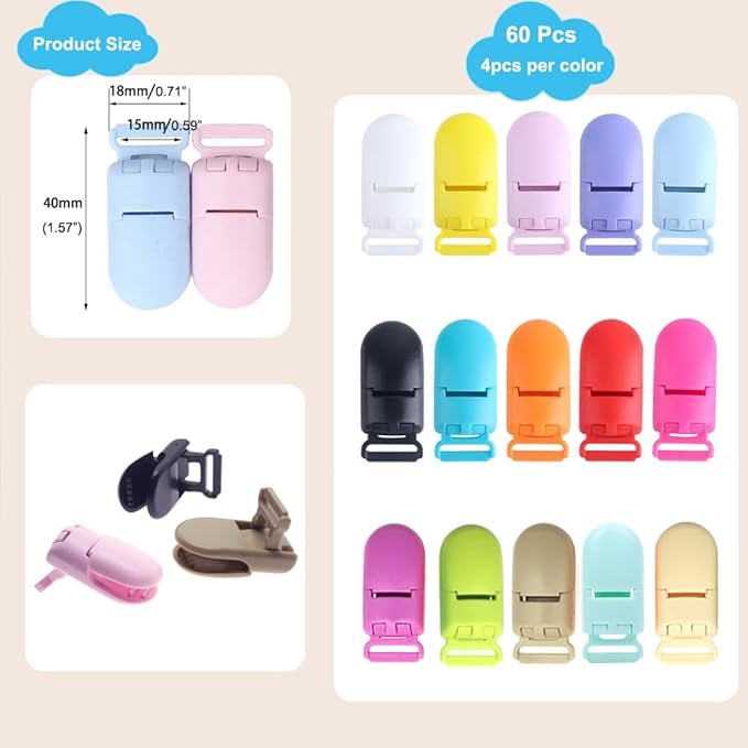60 Pcs Pacifier Clip Holder Plastic Baby Binky Clips for DIY Dummy Teether -Keep Pacifiers and Mittens Secure with Paci Clip Mix 15 Colors