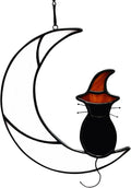 Stained Glass Halloween Black Cat Decor Gifts for Cat Lovers Memorial, Handmade Gothic Witch Hat Stained Glass Window Hangings Suncatcher for Windows Ornament Decoration.