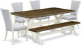 East West Furniture X077VE005-6 6 Piece Modern Dining Table Set Contains a Rectangle Wooden Table with X-Legs and 4 Grey Linen Fabric Parson Chairs with a Bench, 40x72 Inch, Multi-Color