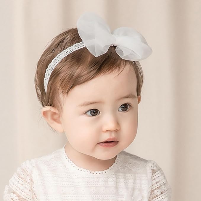 Baby Girls Lace Bow Headband Cute Chiffon Bow-Knot Toddler Hairband Elastic Soft Lace Infants Birthday Party Hair Accessories (White-2, One size)