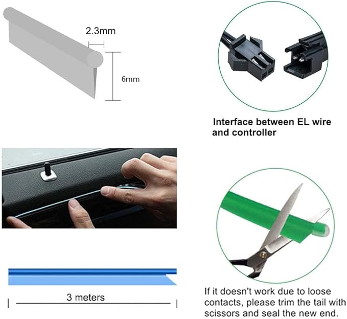 El Wire Pink Interior Car LED Strip Lights, 3M Neon Wire USB 5V with Fuse Protection for Automotive Interior Decoration, with 6mm Sewing Edge