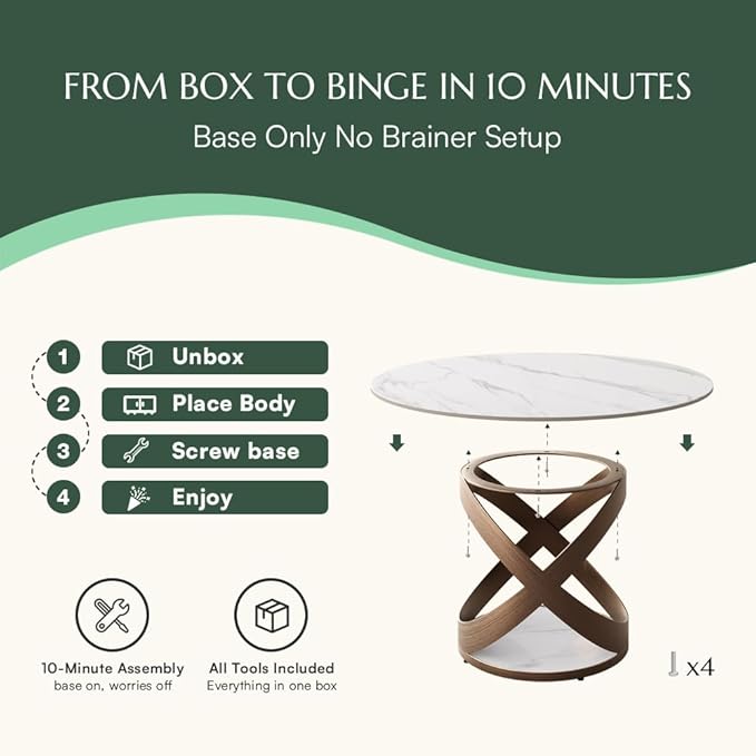 POVISON 51" Modern Round Dining Table for 4-6, Glossy White Round Dining Room Table, Sintered Stone Dining Tabletop with Bronze X Carbon Steel Base (Dining Table Only)