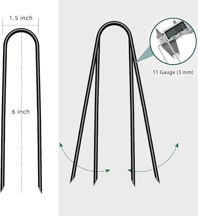 6 inch 25 Pack U Shape Black Garden Stakes,11 Gauge Garden Pins,U-Shaped Tent Stakes,Galvanized Landscape Staples for Yard Lawn,Tube, Landscape Fabrics,Irrigation Hose and Weed Barriers.