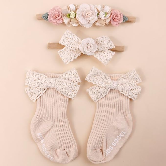 Baby Girls Headband & Socks Set, Cute Socks with Flower Hair Bows Baby Accessories Gifts for Newborn Infant Toddler
