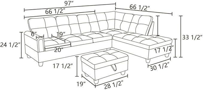 Beige L-Shaped 3-Piece Flannel Sofa with Storage Ottoman Set, Sectional Couch Sofa Set for Living Room, Office, Small Space