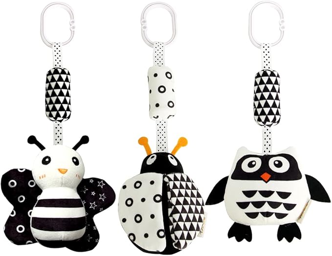 KAKIBLIN Baby Hanging Toy,3 Pack Black and White Baby Toys for 3 6 9 12 Months, High Contrast Hanging Toys,Plush Soft Stroller Rattles Toy for Boys and Girls(21CM, Ladybug,Bee & Owl)