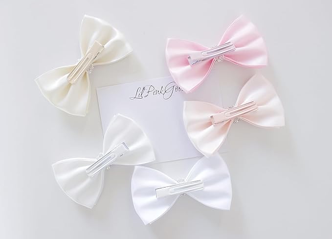 0-12 Newborn Baby Baptism Pearl Headband or Clip with Bow in WHITE Christening Headband with Satin Bow, Pearl Rhinestone Band (Pink Clip, 1 Count (Pack of 1))