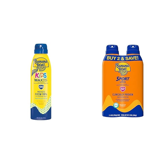 Banana Boat Kids MAX Protect Sunscreen Spray SPF 100 6oz & Sport Ultra Sunscreen Spray Twin Pack SPF 50 6oz each