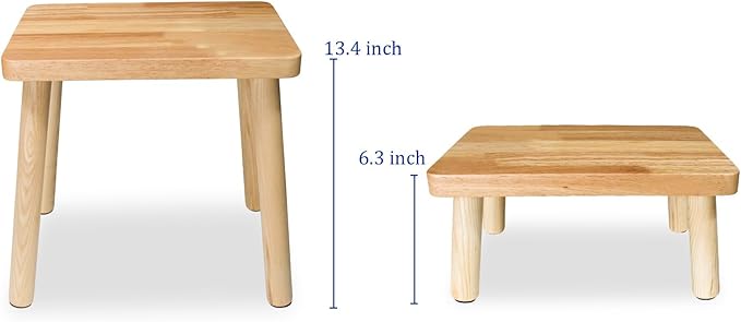 Solid Wood Step Stool,13.4inch Square Wooden Foot Stool,Portable Short Stool Easy to Assemble and Sturdy(Natural, Large)