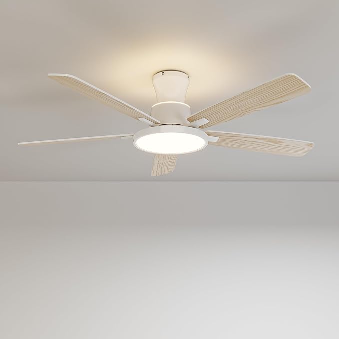 Ceiling Fans with Lights,52 inch,Nightlight,Quiet,Reversible Motor,6 Speeds,Timer, Low Profile Ceiling Fan for Bedroom,Living Room,Indoor/Outdoor Use(White)