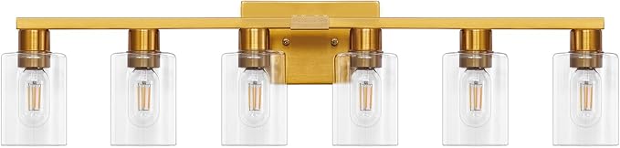 6 Light Bathroom Light Fixtures, Large Gold Bathroom Vanity Light with Clear Glass Shade, Brushed Brass Gold Bathroom Lighting Fixtures Over Mirror, Modern Wall Scones for Bedroom Living Room