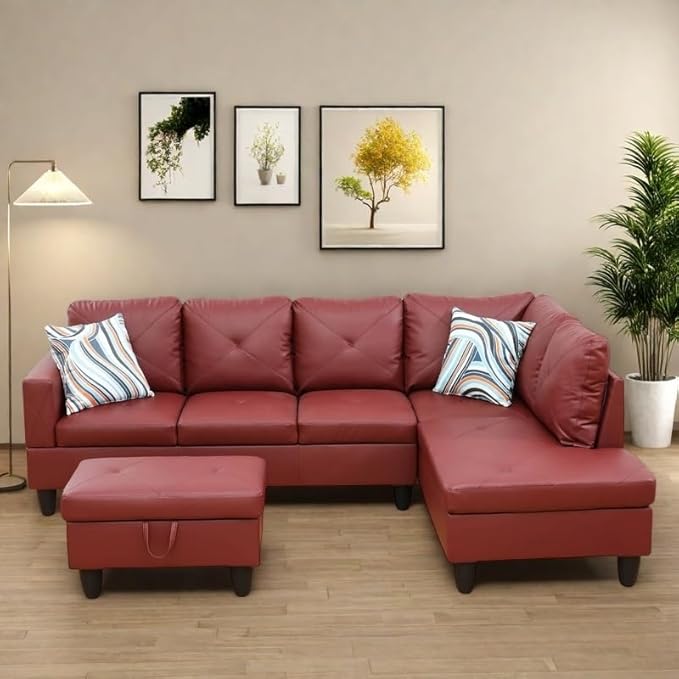 NAYSAYE L Shaped Couch, Leather Modular Sectional Couch with Ottoman Storage, Modern Lounge Sofa Convertible Sectional Couches for Living Room, Apartment, Red