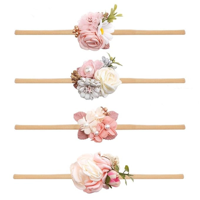 cherrboll 4pcs Baby Girl Headbands Flowers, Super Soft & Stretchy Nylon Floral Hairbands for Newborn Toddler