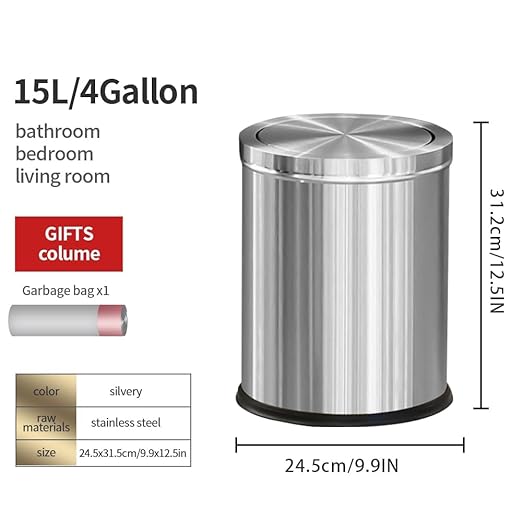 15L/4GAL Silver Stainless Steel Bathroom Garbage can, Bathroom Trash Can with Flipping Lid，Brushed Nickel Gaebage Can for Bedroom,Living Room,Office,Hotel,Shop,Restaurant (15L-Silver)