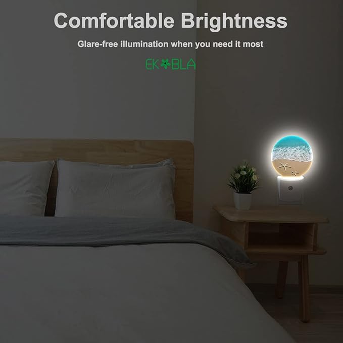 EKOBLA Ocean Plug-in Night Light, Beach Sand & Wave LED Nightlight with Dusk to Dawn Sensor, 0.5W for Women & Kids