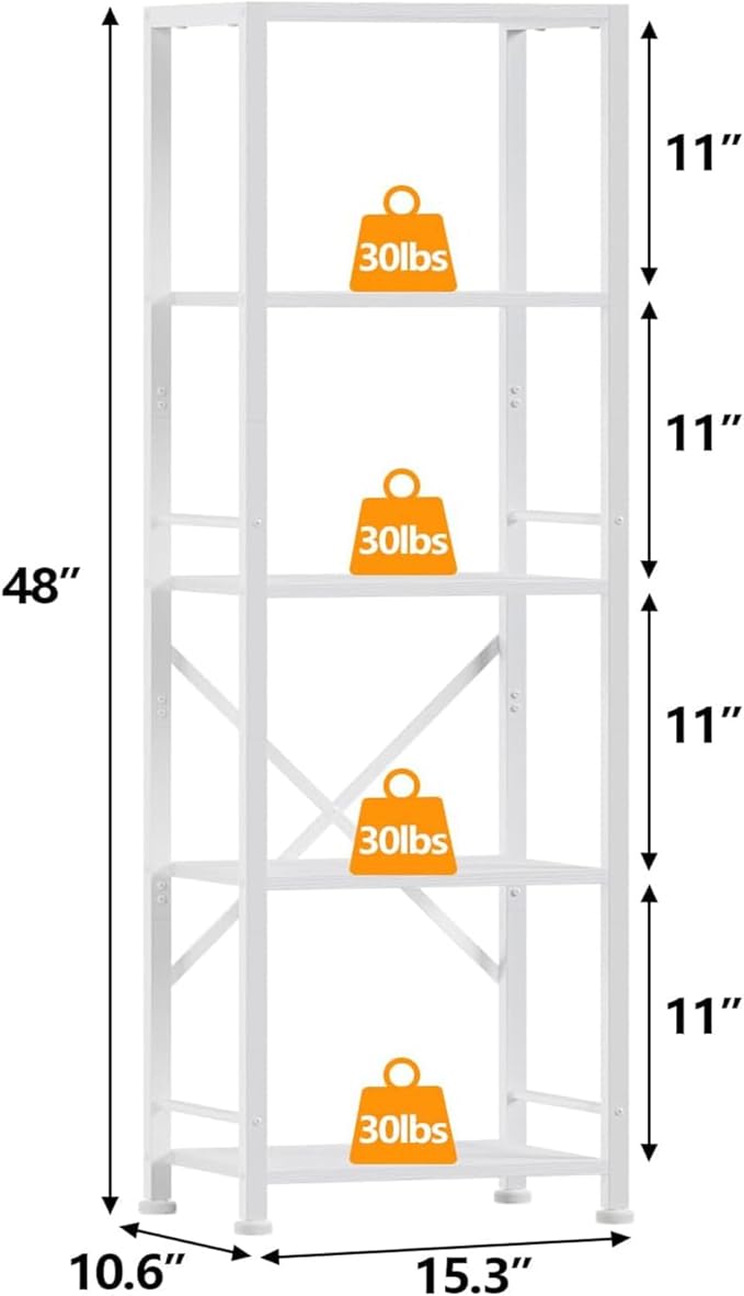 Furologee White Bookshelf 5 Tier Bookcase, Tall Narrow Bookshelves, Modern Freestanding Shelf Units, Metal and Wood Display Storage Corner Shelves Organizer for Bedroom, Living Room, Office, Bathroom