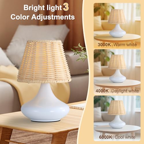 White Woven Bamboo Pendant Light with Iron Base & Three Adjustable Light Colors for Dining Room or Bedroom