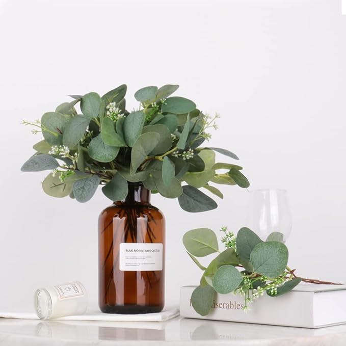 Beferr 18pcs Eucalyptus Stems Bulk Faux Silver Dollar Eucalyptus Leaves Plant Branches Artificial Greenery Stems for Flower Arrangements Home Decor Indoor