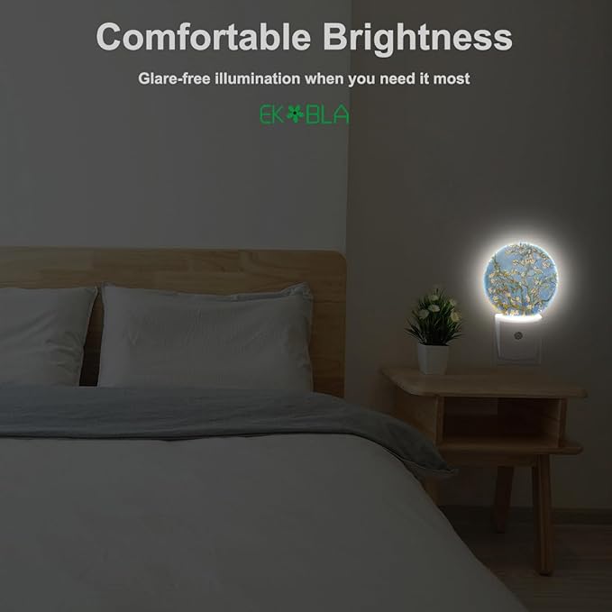 EKOBLA Van Gogh Almond Blossom Plug-in Night Light, Floral Painting LED Nightlight with Sensor, 0.5W Sleep Friendly