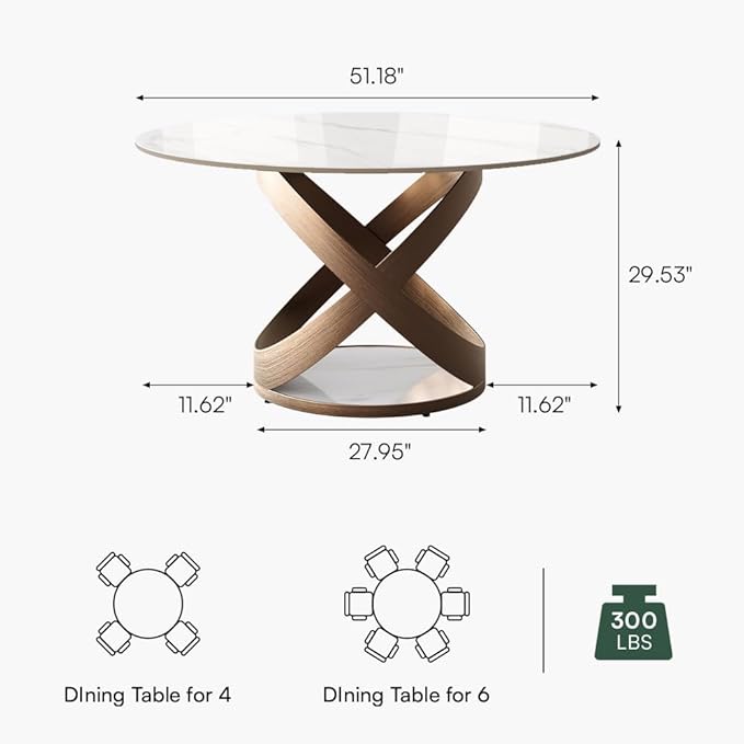 POVISON 51" Modern Round Dining Table for 4-6, Glossy White Round Dining Room Table, Sintered Stone Dining Tabletop with Bronze X Carbon Steel Base (Dining Table Only)