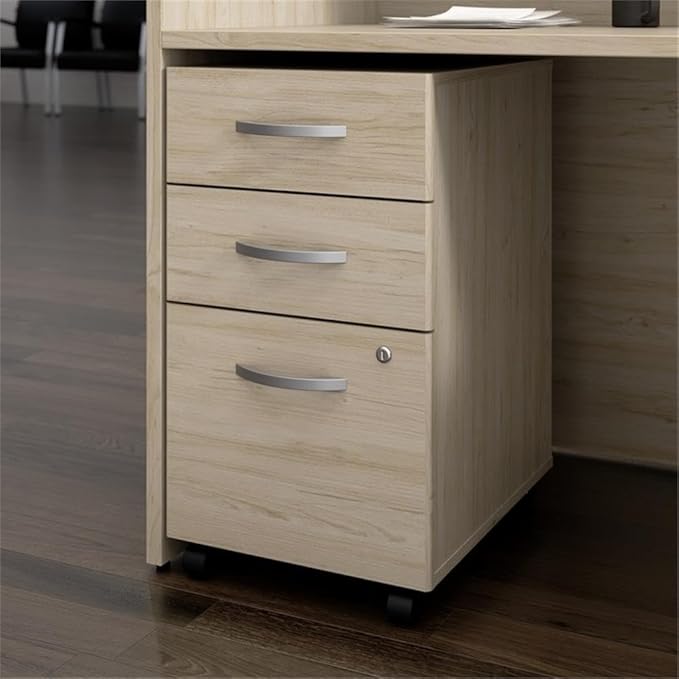 Bush Business Furniture Arrive 3 Drawer Mobile File Cabinet - Assembled in Natural Elm, Rolling Document Storage for Reception Area or Professional Office