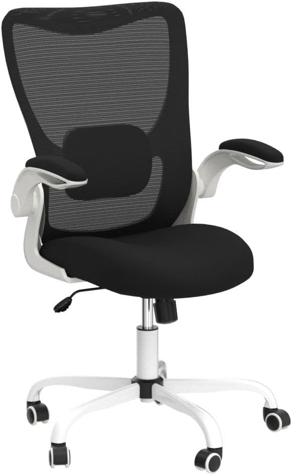 Office Chair, Ergonomic Desk Chair with Adjustable Lumbar Support and Flip up Armrest, Breathable Mesh Computer Chair for Home Office, White