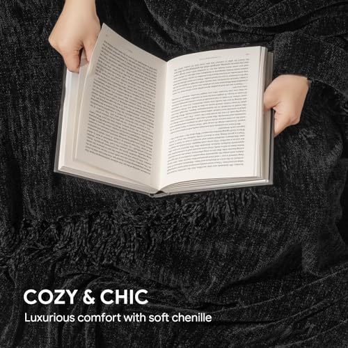 RECYCO Throw Blanket Soft Cozy Chenille Throw Blanket with Fringe Tassel for Couch Sofa Chair Bed Living Room Gift (Black, 60" x 80") - color: Black, size: 60'' X 80''