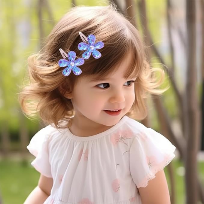 2Pcs Sequins Flower Hair Clips for Girls Cute Snap Hair Clips with Pearl Hair Barrettes Spring summer Hair Accessories Birthday Party Supplies (blue)