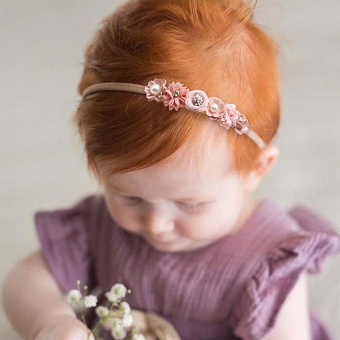 Baby Girl Nylon Headbands Flower Hair Bows Accessories-Elastic Hair Band Crown Handmade FLoral Wraps Birthday Gifts for Girls Newborn Infant Toddler 3Pcs