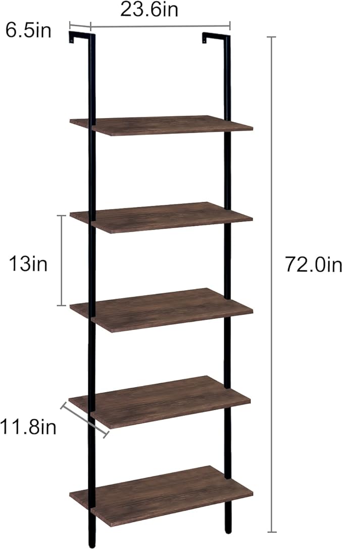 5 Tiers Ladder Shelf 2-Piece Black Modern Tall Bookshelf Open Large Tall Wall Mount Storage Bookcase Standing Leaning Wall Shelves Industrial Decorative (Brown)