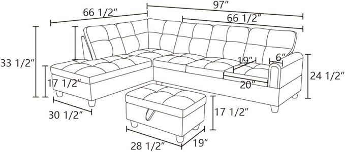 Grey-2 L-Shaped 3-Piece Linen Sofa with Storage Ottoman Set, Sectional Couch Sofa Set for Living Room, Office, Small Space
