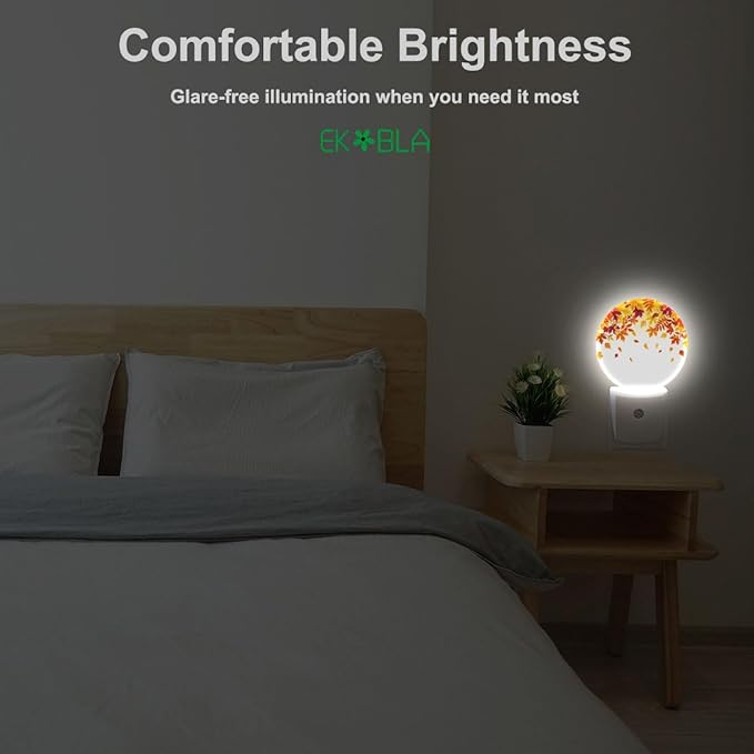 EKOBLA Autumn Maple Leaf Plug-in Night Light, Red & Yellow Fall Leaves LED Nightlight with Dusk to Dawn Auto Sensor for Bathroom, Hallway & Kitchen