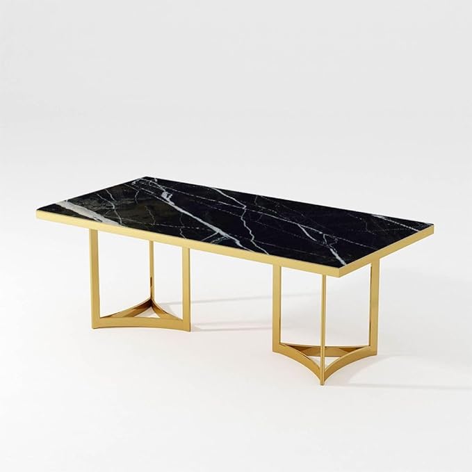 POVISON Marble Dining Table for 6, Modern Dining Room Table 63" for Kitchen & Dining Room, Black Marble Table Top with Luxury Gold Trestle Pedestal(Dining Table Only)