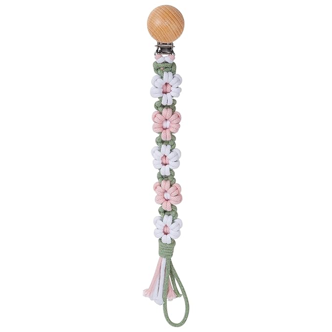 Pacifier Clip for Boys Girls Floral Daisy Macrame Baby Paci Clip Pacifier Holder Leash Boho Wooden Clips Handmade Braided Cotton Binky Clips (1pack:Misty Rose)