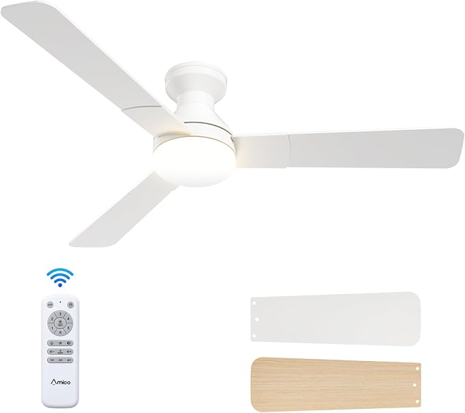 Amico Ceiling Fans with Lights, 52 inch Low Profile Ceiling fan with Light and Remote Control, Flush Mount, Reversible, 3CCT, Dimmable, Noiseless, White Ceiling Fan for Bedroom, Indoor/Outdoor Use