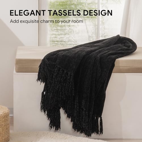 RECYCO Throw Blanket Soft Cozy Chenille Throw Blanket with Fringe Tassel for Couch Sofa Chair Bed Living Room Gift (Black, 60" x 80") - color: Black, size: 60'' X 80''