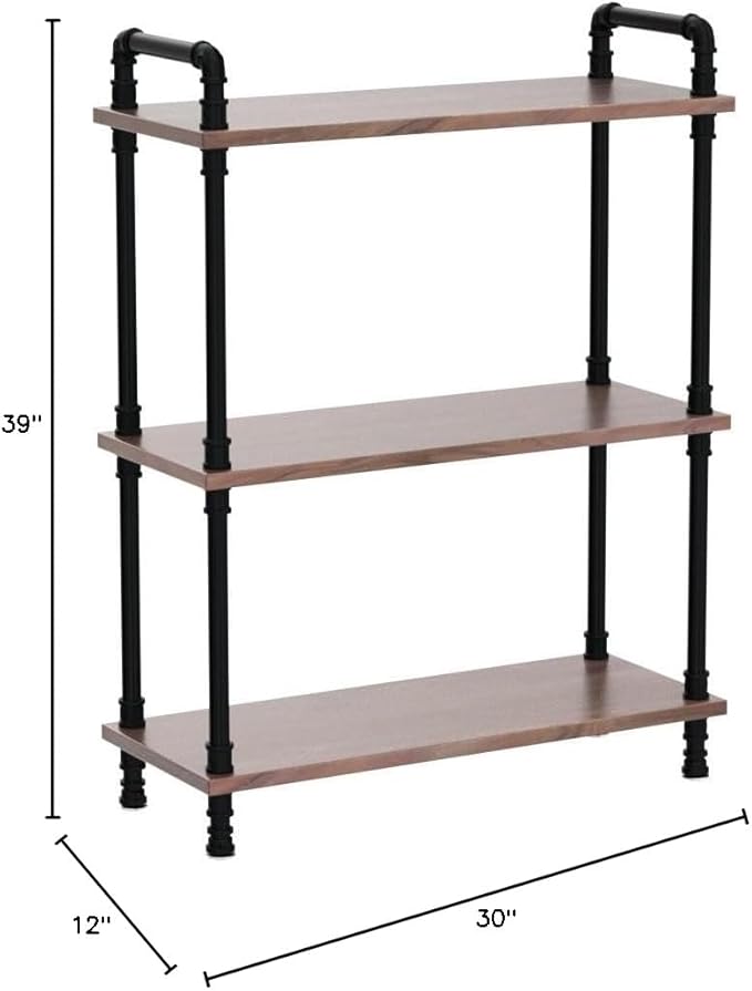 Industrial Bookshelf, 3 Tier Pipe Shelving, Industrial Pipe Shelf - Weathered Brown, 29.5" L x 11.8" W x 39" H