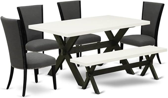 East West Furniture X626VE650-6 6 Piece Dining Set Contains a Rectangle Dining Room Table with X-Legs and 4 Dark Gotham Linen Fabric Parson Chairs with a Bench, 36x60 Inch, Multi-Color