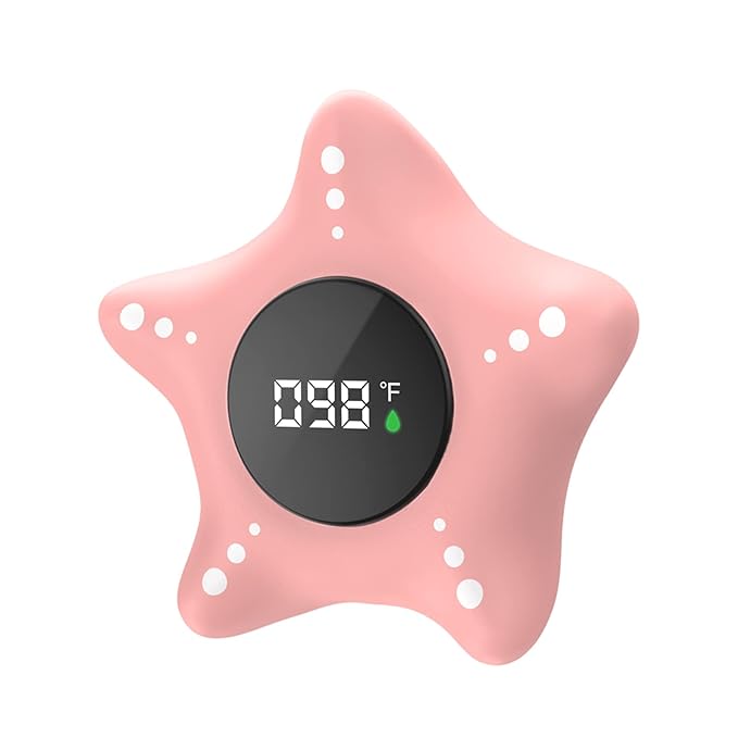 Baby Bath Thermometer Safety, Auto On & Off Bathtub Thermometer Floating Toy, Digital Bathing Water Temperature Warning, Pink Sea Star Shape